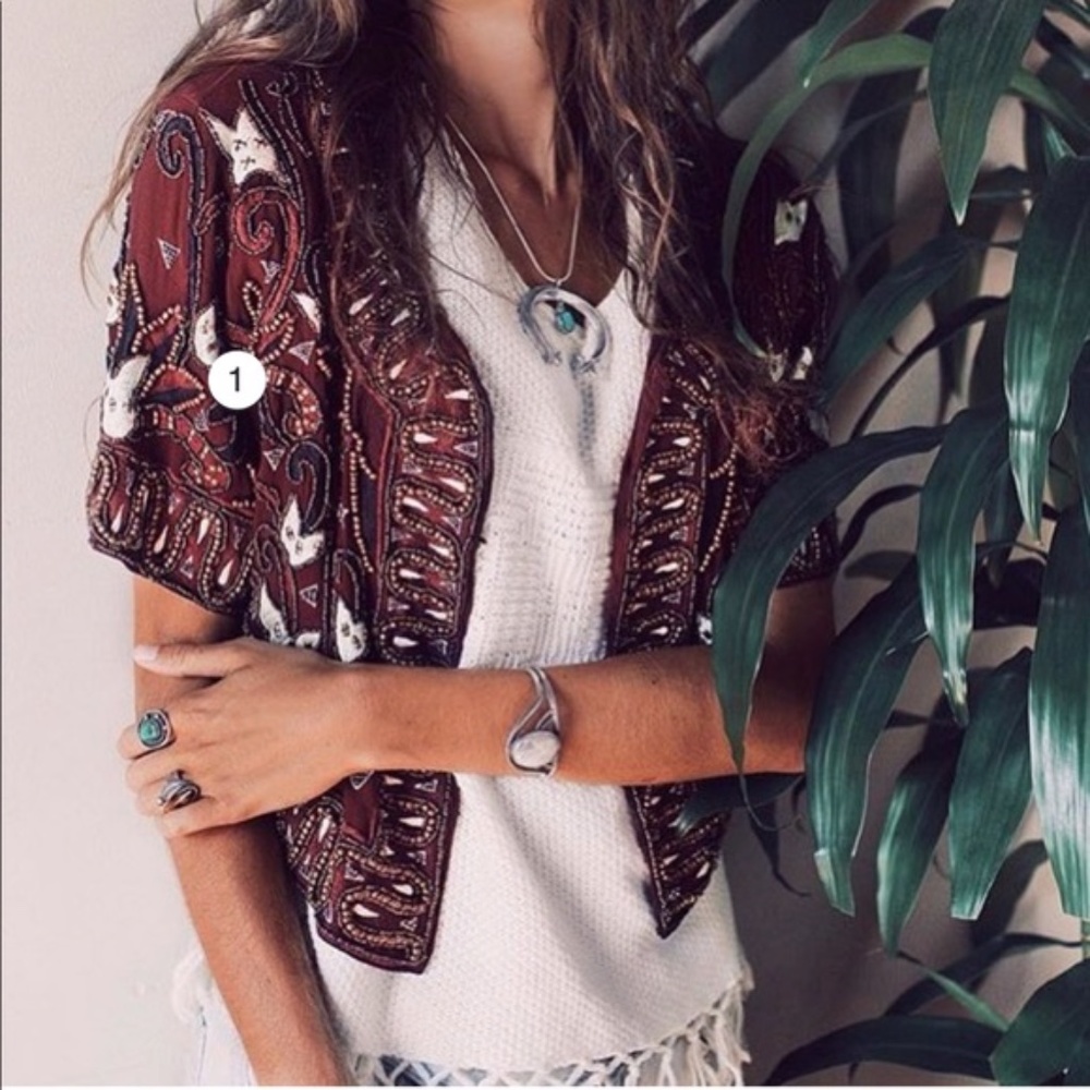 Cleobella Windsor Beaded Crop Top Cardigan Short Sleeve Jacket Black X-Small